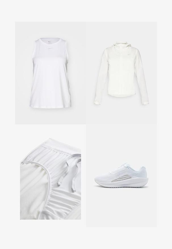Fehér Nike dzseki kapucnival, teljes cipzárral, rugalmas mandzsettákkal és egy diszkrét logóval a mellkason. Sima textúrájú és könnyű kialakítású.; Fehér Nike Dri-FIT ujjatlan sportpóló, kerek nyakkivágással és diszkrét logóval. Könnyű, nedvesség-elvezető anyagból készült.; Fehér sportnadrág texturált derékpánttal, ráncolt oldali részletekkel és lapos húzózsinórral. Puha anyag sima felülettel.; Fehér sportcipő hálós felsőrésze, kerek orra és textúrált talpa van. Ezüst Nike logóval és minimalista dizájnnal rendelkezik.