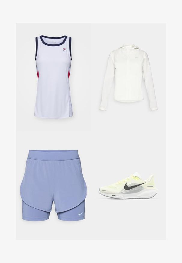 Chaqueta blanca de Nike con capucha, cremallera completa, puños elásticos y un logo sutil en el pecho. Textura suave y diseño ligero.; Top atlético sin mangas en blanco con ribetes en azul marino y acentos rojos. Cuenta con un cuello redondo y el logo de Fila en el pecho. Tejido suave y ligero.; Shorts de Nike en púrpura claro, con un diseño en capas que incluye un forro interior ajustado y un exterior de corte holgado. Cintura elástica para mayor comodidad.; Zapatillas de correr Nike con una parte superior de malla en amarillo claro y blanco, detalles en gris y una suela de goma flexible. Cuenta con un cierre de cordones.