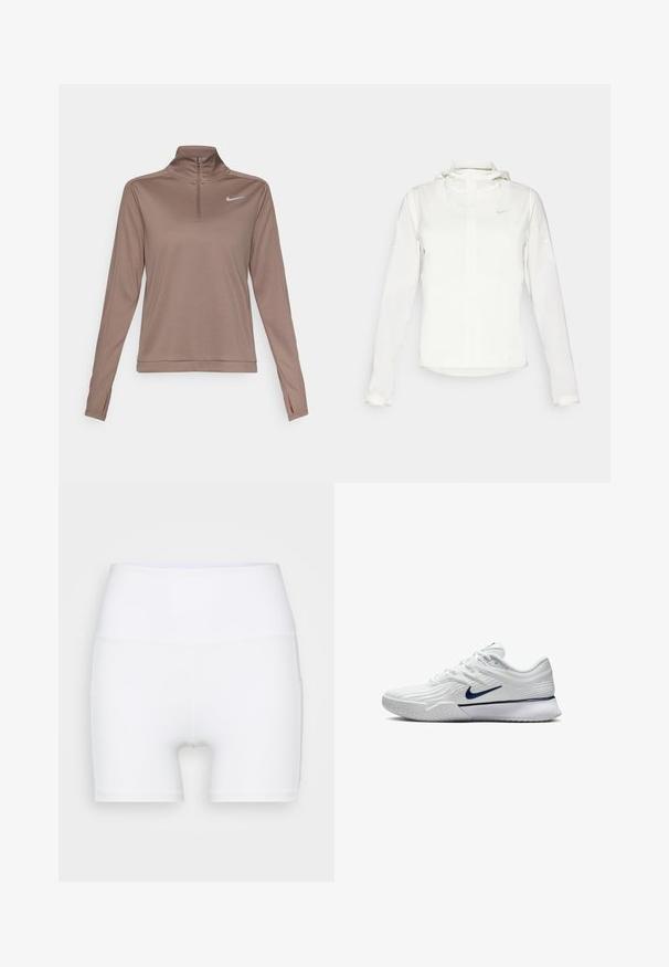 Weiße Nike-Jacke mit Kapuze, durchgehendem Reißverschluss, elastischen Bündchen und einem dezenten Logo auf der Brust. Glatte Textur und leichtes Design.; Nike Performance DRI-FIT PACER - Langarmshirt - mink brown/reflective silver; Weiße, hochtaillierte Shorts aus dehnbarem Stoff. Sie verfügen über eine glatte Textur und eine figurbetonte Passform, ohne zusätzliche Muster oder Hardware.; Weißer Sportschuh mit einem strukturierten Mesh-Obermaterial, navyblauen Akzenten und einer gepolsterten Sohle mit einem rutschfesten Muster. Schnürsenkel in das Design integriert.