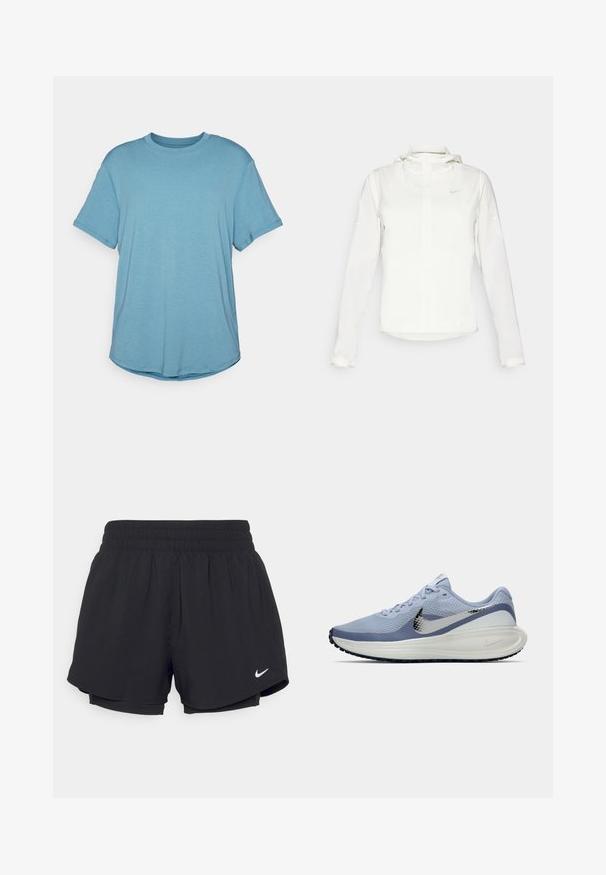 Casaco branco da Nike com capuz, fecho completo, punhos elásticos e um logótipo subtil no peito. Textura suave e design leve.; T-shirt de manga curta com decote redondo em azul claro, feito de tecido suave com um corte descontraído, apresentando uma bainha curva e detalhes de costura mínimos.; Calções atléticos pretos com um cós elástico franzido, forro interior e o logótipo da Nike em branco no lado inferior esquerdo. Tecido suave e leve.; Sapatilha de corrida Nike azul claro e branca com o swoosh prateado, parte superior de malha respirável, sola acolchoada e sola preta.
