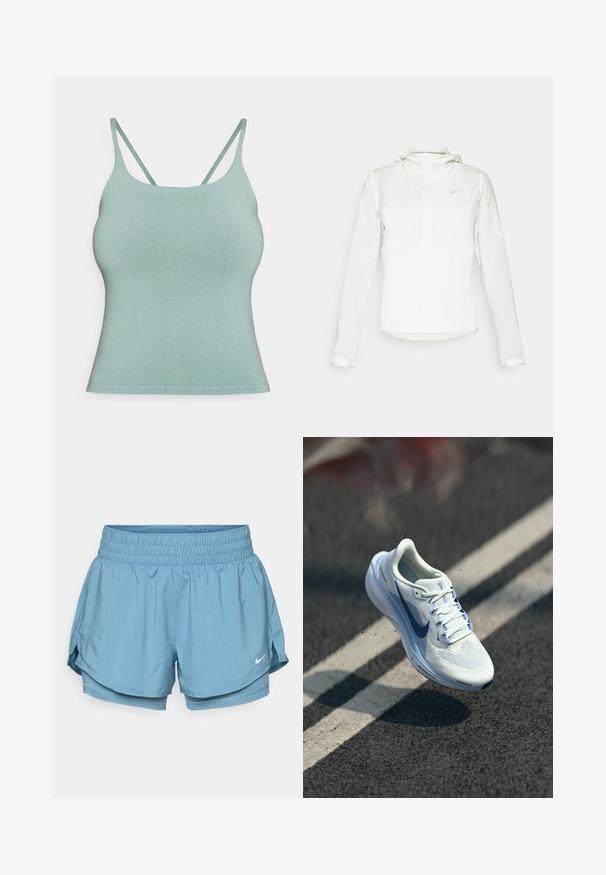Bijela Nike jakna s kapuljačom, punim zatvaračem, elastičnim manžetama i suptilnim logotipom na prsima. Glatka textura i lagan dizajn.; Mint zelena top majica s tankim podesivim trakama, izrađena od glatkog, rastezljivog materijala. Ima jednostavan, uski kroj.; Svijetloplave atletske kratke hlače s širokim elastičnim pojasom, unutarnjom oblogom i bočnim rezovima za lakši pokret. Imaju mali bijeli logotip.; Bijela atletska tenisica s prozračnom mrežicom i plavim detaljima. Ima podloženi potplat i ravne vezice. Srednji dio potplata prikazuje oznaku "Air Zoom".