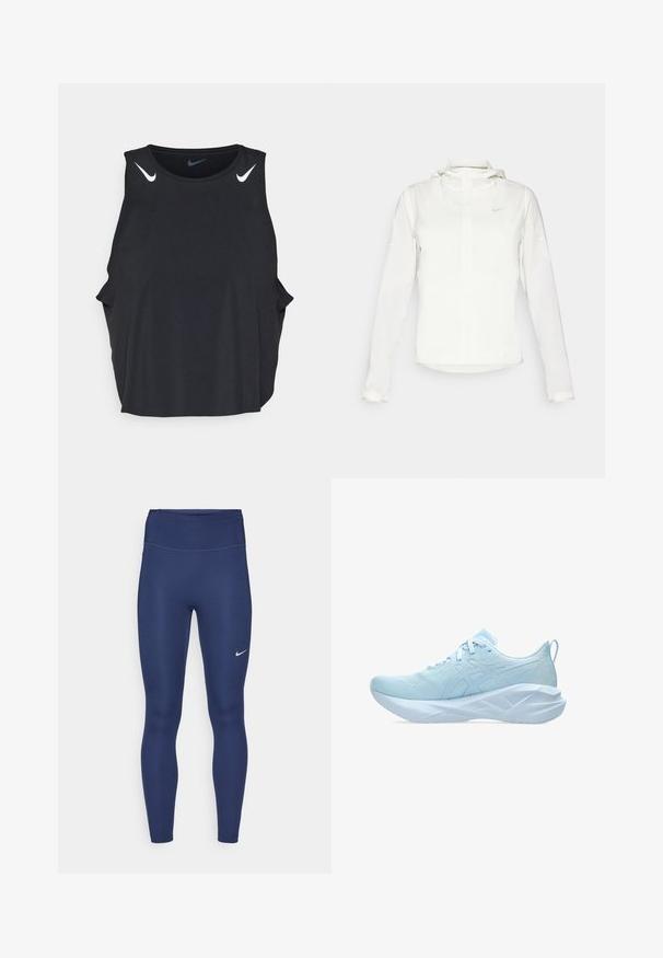 Biela Nike bunda s kapucňou, plným zipsom, elastickými manžetami a jemným logom na hrudi. Hladká textúra a ľahký dizajn.; Čierny bezrukávový športový top s okrúhlym výstrihom, bočnými rozparkom a bielymi logami Nike Swoosh na pleciach. Hladká, ľahká tkanina.; Námornícké legíny s vysokým pásom, vyrobené z elastickej tkaniny. Obsahujú jemné prešívanie a malé biele logo Nike na ľavom stehne.; Svetlomodré športové topánky s priedušnou sieťovinou, plochými šnúrkami a hrubou, textúrovanou podrážkou s geometrickými akcentmi pre stabilitu.