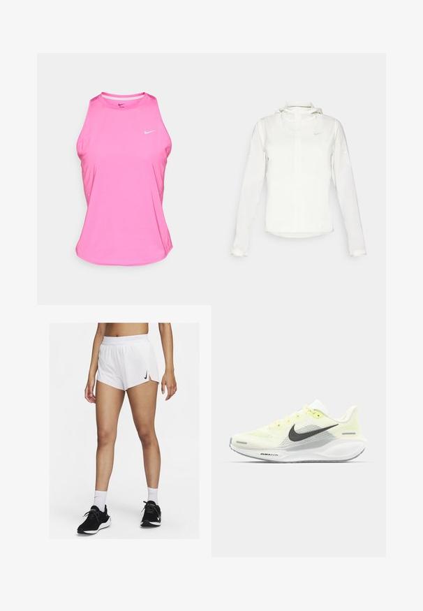 Witte Nike-jack met een capuchon, volledige rits, elastische manchetten en een subtiele logo op de borst. Gladde textuur en lichtgewicht ontwerp.; Roze sporttanktop van synthetisch materiaal, met een ronde halslijn, mouwloos ontwerp en een klein wit Nike-logo op de voorkant.; Witte sportshorts met een geribbelde tailleband, zijsplitten en een zwarte Nike-logo. Draag ze met zwarte sneakers en witte kousen tot aan de kuit.; Nike hardloopschoenen met een lichtgele en witte mesh bovenkant, grijze accenten en een flexibele rubberen zool. Voorzien van een vetersluiting.
