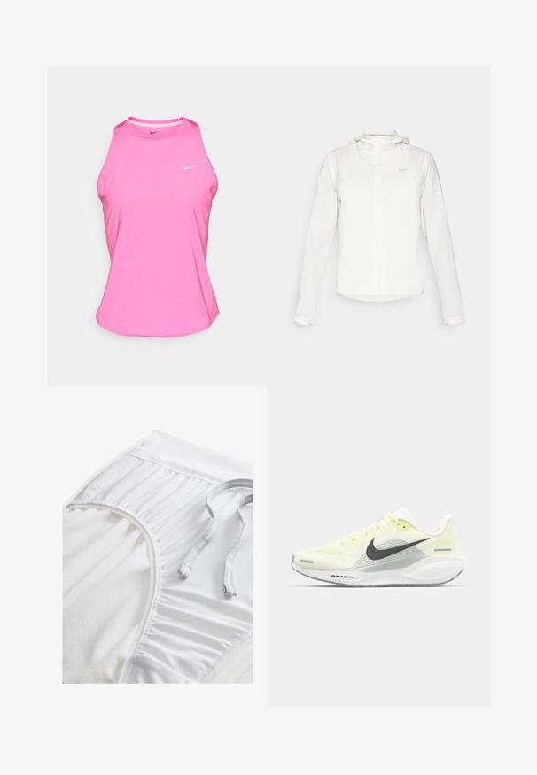 Giacca Nike bianca con cappuccio, zip completa, polsini elasticizzati e un logo discreto sul petto. Texture liscia e design leggero.; Canotta atletica rosa realizzata in materiale sintetico, con scollatura rotonda, design senza maniche e un piccolo logo Nike bianco sulla parte anteriore.; Pantaloni sportivi bianchi con una vita testurizzata, dettagli arricciati sui lati e un cordino piatto. Tessuto morbido con finitura liscia.; Scarpe da corsa Nike con una tomaia in rete giallo chiaro e bianco, dettagli grigi e una suola in gomma flessibile. Presentano una chiusura con lacci.
