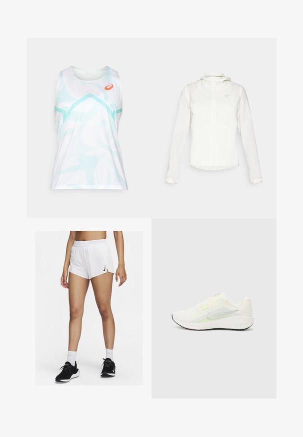 Hvid Nike-jakke med hætte, fuld lynlås, elastiske manchetter og et diskret logo på brystet. Glat tekstur og let design.; Hvid tanktop med lyseblå abstrakt mønster, med rund halsudskæring og ærmeløs design. Orange logo på den øverste venstre side.; Hvide atletikshorts med ribbet taljebånd, sideslids og sort Nike-logo. Båret med sorte sneakers og hvide crew-sokker.; Nike Performance DOWNSHIFTER 13 - Løbesko til landevejen - sail/silver-coloured photon dust/summit white/barely volt/black