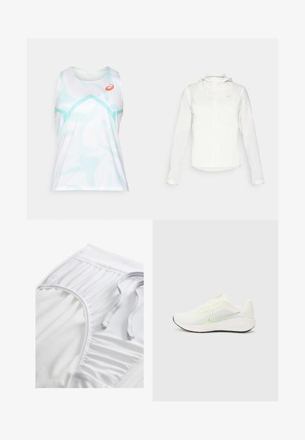 Valge Nike jakker, millel on kapuuts, täispikk tõmblukk, elastsed mansetid ja diskreetne logo rinnal. Sile tekstuur ja kerge disain.; Valge tank top, millel on helebeež abstraktne muster, ümmarguse kaelusega ja ilma varrukateta. Oranž logo vasakul ülemisel poolel.; Valged sportlikud lühikesed püksid tekstureeritud vööosaga, kogutud külgedetailidega ja lameda tõmblukuga. Pehme kangas siledast viimistlusest.; Nike Performance DOWNSHIFTER 13 - Maanteejooksu jalatsid - sail/silver-coloured photon dust/summit white/barely volt/black