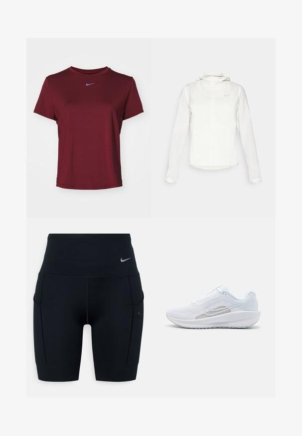Casaco branco da Nike com capuz, fecho completo, punhos elásticos e um logótipo subtil no peito. Textura suave e design leve.; T-shirt de manga curta bordeaux feita de tecido suave, com um decote redondo e um pequeno logo cinza da Nike no peito.; Calças curtas atléticas altas pretas feitas de material elástico; apresentam bolsos laterais e um pequeno logótipo da Nike na cintura.; Sapatilha atlética branca com parte superior em rede, bico arredondado e sola texturizada. Apresenta o símbolo Nike em prata e um design minimalista.
