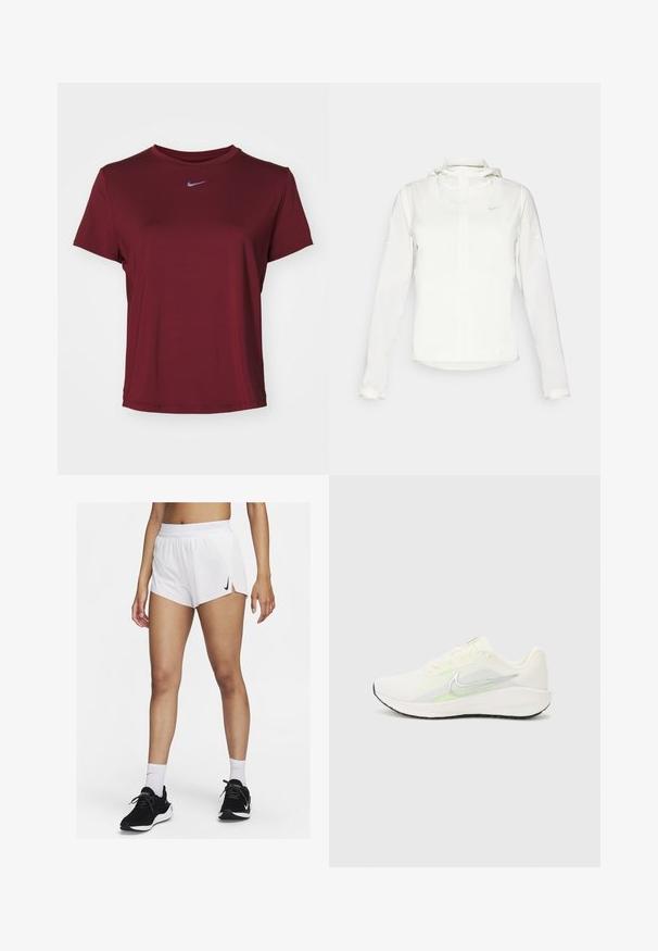 Hvit Nike-jakke med hette, hel glidelås, elastiske mansjetter og en diskret logo på brystet. Glatt tekstur og lett design.; Maroon kortermet t-skjorte laget av glatt stoff, med rund hals og en liten grå Nike-logo på brystet.; Hvite atletisk shorts med ribbet linning, sidespalter og en svart Nike-logo. Brukes med svarte joggesko og hvite ankelsokker.; Nike Performance DOWNSHIFTER 13 - Løpesko for vei - sail/silver-coloured photon dust/summit white/barely volt/black
