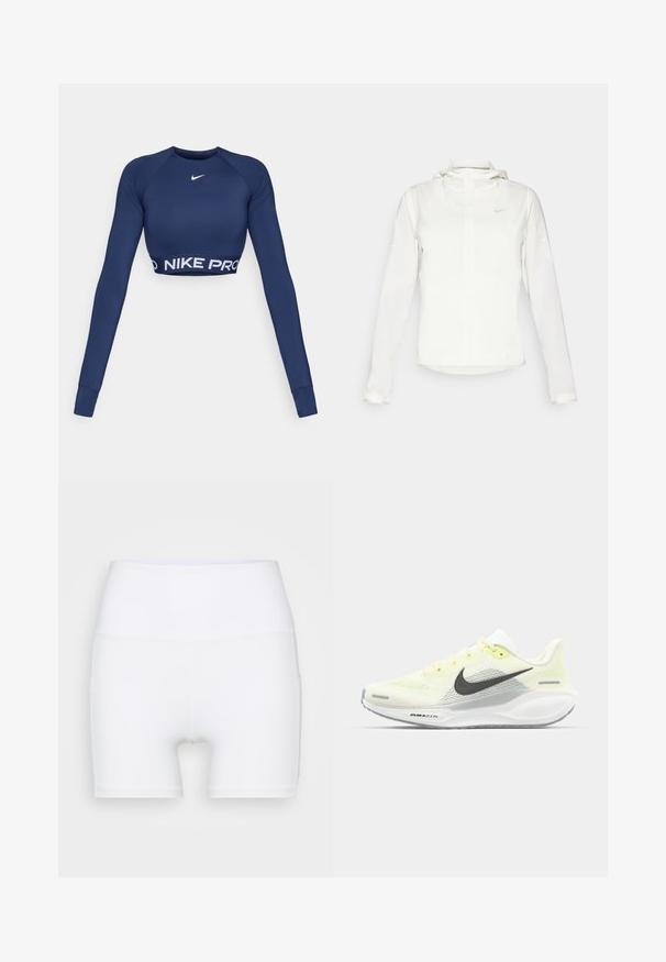 Weiße Nike-Jacke mit Kapuze, durchgehendem Reißverschluss, elastischen Bündchen und einem dezenten Logo auf der Brust. Glatte Textur und leichtes Design.; Nike Pro langärmliges, kurzes Oberteil in Marineblau. Mit Rundhalsausschnitt und Logo-Band mit "NIKE PRO" am Saum. Glattes, dehnbares Material.; Weiße, hochtaillierte Shorts aus dehnbarem Stoff. Sie verfügen über eine glatte Textur und eine figurbetonte Passform, ohne zusätzliche Muster oder Hardware.; Nike Laufschuhe mit einem hellgelben und weißen Mesh-Obermaterial, grauen Akzenten und einer flexiblen Gummisohle. Verfügt über einen Schnürverschluss.