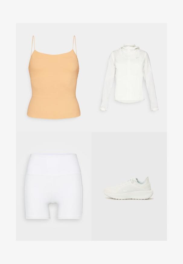 Casaco branco da Nike com capuz, fecho completo, punhos elásticos e um logótipo subtil no peito. Textura suave e design leve.; Camisola de cor pêssego com finas alças ajustáveis. Corte slim, textura suave e um design simples com uma bainha ligeiramente curvada.; Calções brancos de cintura alta feitos de tecido elástico. Apresentam uma textura suave e um design justo, sem padrões ou acessórios adicionais.; Tênis atléticos brancos com um cabedal texturizado, colarinho almofadado e fecho de atacadores. Apresenta uma sola curva e uma marcação discreta na lateral.