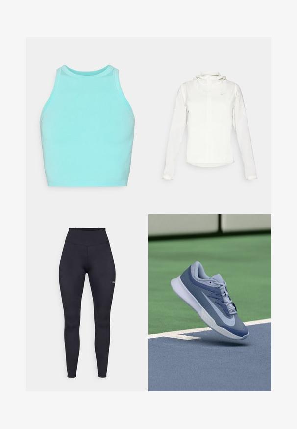 Hvit Nike-jakke med hette, hel glidelås, elastiske mansjetter og en diskret logo på brystet. Glatt tekstur og lett design.; Lyseblå crop top laget av elastisk bomull, med høy hals og uten ermer, som har en jevn tekstur og jevn søm.; Høytlivte sorte leggings laget av stretchstoff, med en jevn tekstur og en liten logo på underbenet. Tettsittende design.; Sportssko i lyseblå og marineblå, med en teksturert overdel, flate lisser og en lett hvit såle. Hevet over en baneflate.