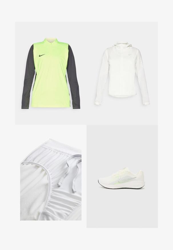 Bijela Nike jakna s kapuljačom, punim zatvaračem, elastičnim manžetama i suptilnim logotipom na prsima. Glatka textura i lagan dizajn.; Dugi rukav atletska majica u neon žutoj boji s tamnosivim rukavima. Ima ovratnik na četvrtinu sa zipom i mali crni Nike logo sprijeda.; Bijele atletske kratke hlače s teksturiranim pojasom, nabranim bočnim detaljima i ravnim vezicom. Mekani materijal s glatkom završnom obradom.; Nike Performance DOWNSHIFTER 13 - Tenisice za cestovno trčanje - sail/silver-coloured photon dust/summit white/barely volt/black