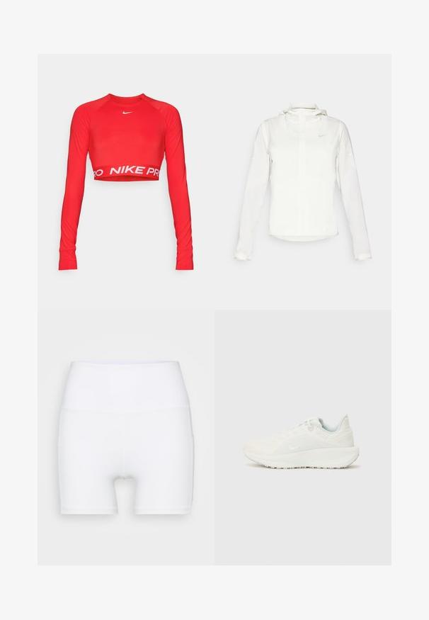 Chaqueta blanca de Nike con capucha, cremallera completa, puños elásticos y un logo sutil en el pecho. Textura suave y diseño ligero.; Top corto rojo de manga larga hecho de tela elástica, con cuello redondo y banda blanca "NIKE PRO" en el dobladillo. Textura suave, diseño ajustado.; Shorts blancos de talle alto confeccionados en tejido elástico. Presentan una textura suave y un diseño ajustado, sin patrones ni herrajes adicionales.; Zapatillas deportivas blancas con un upper texturizado, cuello acolchado y cierre de cordones. Presentan una suela curva y un sutil logotipo en el lateral.