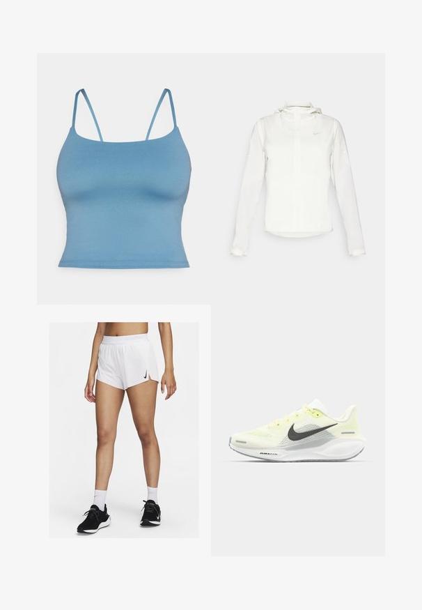 Chaqueta blanca de Nike con capucha, cremallera completa, puños elásticos y un logo sutil en el pecho. Textura suave y diseño ligero.; Camiseta de tirantes fina ajustada de color azul, hecha de una tela suave y elástica. Diseño sencillo con un dobladillo recto y sin detalles adicionales.; Pantalones cortos deportivos blancos con cinturilla acanalada, aberturas laterales y un logo negro de Nike. Se llevan con zapatillas negras y calcetines blancos hasta la mitad de la pantorrilla.; Zapatillas de correr Nike con una parte superior de malla en amarillo claro y blanco, detalles en gris y una suela de goma flexible. Cuenta con un cierre de cordones.