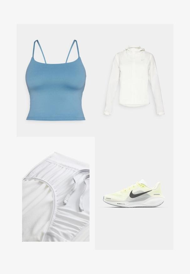 Valkoinen Nike-takki hupulla, täyspitkällä vetoketjulla, joustavilla hihansuilla ja hillityllä logolla rinnassa. Sujuva pinta ja kevyt muotoilu.; Sininen slim-fit toppi ohutolkaimilla, valmistettu sileästä ja joustavasta kankaasta. Yksinkertainen malli suoralla helmalla, ilman lisätietoja.; Valkoiset urheilushortsit, joissa on teksturoidut vyötärönauhat, poimutetut sivuyksityiskohdat ja tasainen nyöri. Pehmeä kangas, jossa on sileä pinta.; Nike juoksukengät, joissa on vaaleankeltainen ja valkoinen verkko-osa, harmaita yksityiskohtia ja joustava kumipohja. Varusteet nauhakiinnityksellä.