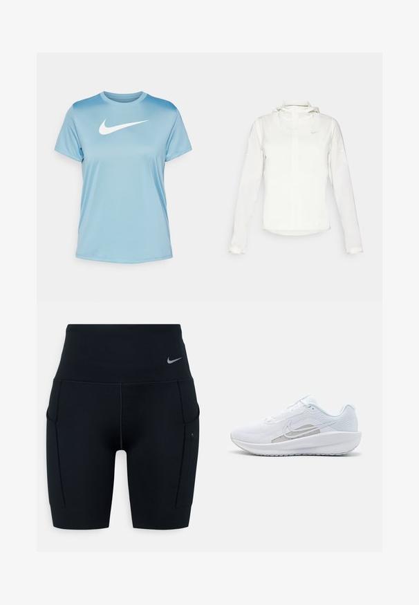 Giacca Nike bianca con cappuccio, zip completa, polsini elasticizzati e un logo discreto sul petto. Texture liscia e design leggero.; Nike Performance TEE - T-Shirt sport - denim turquoise/white; Shorts sportivi neri a vita alta realizzati in materiale elasticizzato; presentano tasche laterali e un piccolo logo Nike sulla vita.; Scarpa sportiva bianca con tomaia in rete, punta arrotondata e suola testurizzata. Presenta il logo Nike in argento e un design minimalista.