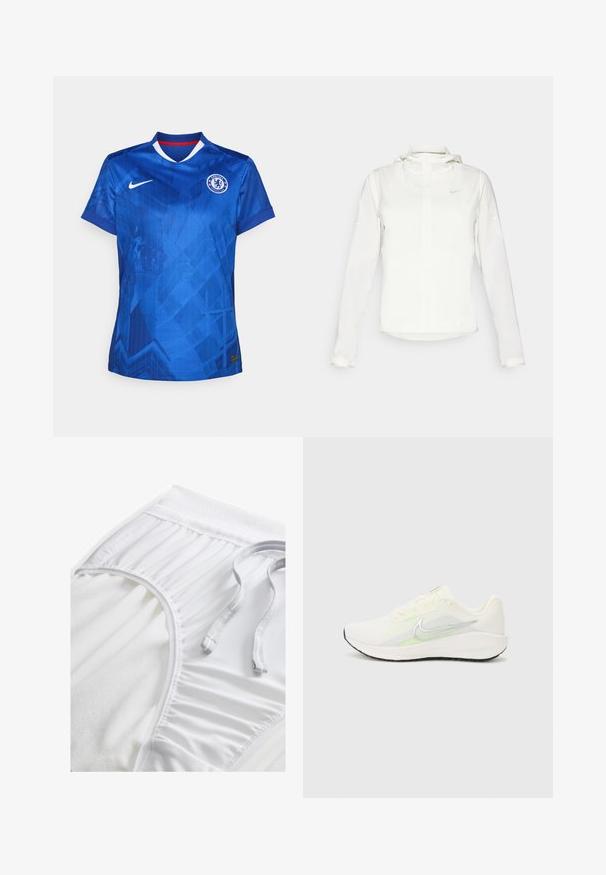 Casaco branco da Nike com capuz, fecho completo, punhos elásticos e um logótipo subtil no peito. Textura suave e design leve.; Camisa de futebol azul da Nike com um padrão geométrico, gola em V com detalhes em vermelho e um logo da Chelsea FC bordado no peito.; Calções atléticos brancos com um cós texturizado, detalhes laterais franzidos e um cordão liso. Tecido suave com acabamento suave.; Nike Performance DOWNSHIFTER 13 - Sapatos para corrida em estrada - sail/silver-coloured photon dust/summit white/barely volt/black