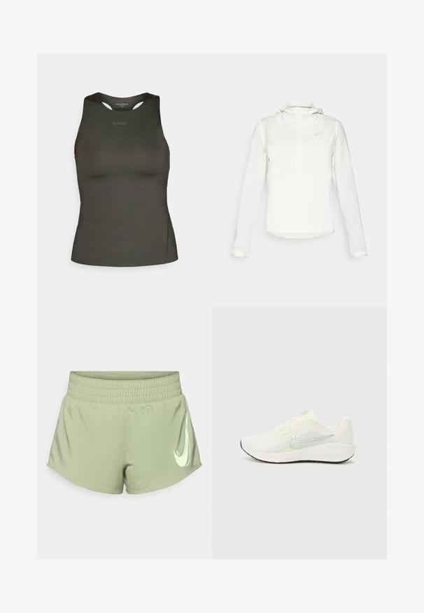 Casaco branco da Nike com capuz, fecho completo, punhos elásticos e um logótipo subtil no peito. Textura suave e design leve.; Top atlético verde escuro feito de um tecido suave. Apresenta um decote redondo e detalhes recortados nos ombros. Logótipo "BORG" na frente.; Calções atléticos verde-claro com uma cintura elástica, apresentando um proeminente logo da Nike em branco no canto inferior direito.; Nike Performance DOWNSHIFTER 13 - Sapatos para corrida em estrada - sail/silver-coloured photon dust/summit white/barely volt/black
