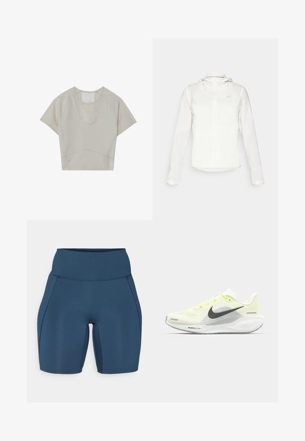 Witte Nike-jack met een capuchon, volledige rits, elastische manchetten en een subtiele logo op de borst. Gladde textuur en lichtgewicht ontwerp.; Beige sportieve crop top met korte mouwen, ronde hals en naaddetails. Gemaakt van lichtgewicht, rekbaar materiaal voor comfort.; Donkerblauwe sportshorts met een hoge tailleband, een gladde textuur en vlakke naden. Heeft een aansluitend ontwerp dat tot halverwege de dij reikt.; Nike hardloopschoenen met een lichtgele en witte mesh bovenkant, grijze accenten en een flexibele rubberen zool. Voorzien van een vetersluiting.