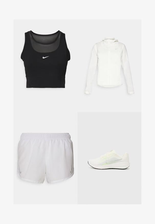 Chaqueta blanca de Nike con capucha, cremallera completa, puños elásticos y un logo sutil en el pecho. Textura suave y diseño ligero.; Top deportivo negro corto con escote redondo y paneles translúcidos. Presenta el logo de Nike en blanco en el centro y un diseño ajustado.; Nike Performance FAST TEMPO SHORT - Pantalón corto de deporte - white/silver; Nike Performance DOWNSHIFTER 13 - Zapatillas running asfalto - sail/silver-coloured photon dust/summit white/barely volt/black