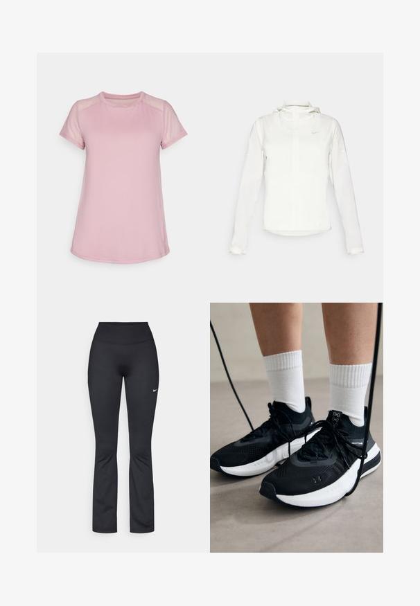 Bijela Nike jakna s kapuljačom, punim zatvaračem, elastičnim manžetama i suptilnim logotipom na prsima. Glatka textura i lagan dizajn.; Svijetlo ružičasta atletska majica napravljena od mekanog materijala, s kratkim mrežastim rukavima i okruglim izrezom, s aerodinamičnim oblikom i zaobljenim rubom.; Crne sportske helanke s visokim pojasom, izrađene od glatkog, rastezljivog materijala. Imaju mali bijeli Nike logo na lijevom bedru.; Crne atletske cipele s teksturiranim materijalom, bijelim potplatima i crnim vezicama. Nosene s bijelim rebrastim čarapama, stojeći na svijetloj površini.