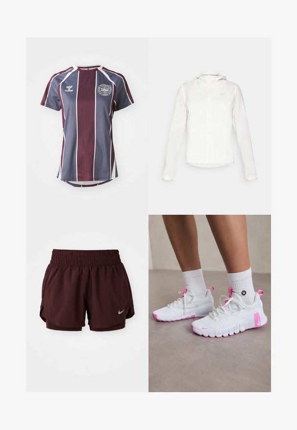 Fehér Nike dzseki kapucnival, teljes cipzárral, rugalmas mandzsettákkal és egy diszkrét logóval a mellkason. Sima textúrájú és könnyű kialakítású.; Bordó és kék csíkos sportpóló rövid ujjal. Kerek nyakú, fehér részletekkel és kerek logóval a mellen.; Burgundy sportnadrág elasztikus derékkal, oldalnyílásokkal, és fényvisszaverő ezüst logóval a bal alsó oldalon. Könnyű anyag.; Fehér sportcipők rózsaszín részletekkel, letisztult dizájn, texturált hálós felsőrész és rugalmas gumitalp. Jellemzői közé tartozik a logó és a húzófül.