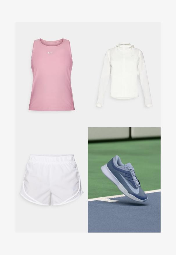 Bijela Nike jakna s kapuljačom, punim zatvaračem, elastičnim manžetama i suptilnim logotipom na prsima. Glatka textura i lagan dizajn.; Nike Performance VICTORY TANK - Top - elemental pink/white; Bijeli atletski šortsevi izrađeni od lagane, prozračne tkanine. Imaju elastični pojas i mrežaste bočne panele, s malim plavim logotipom.; Sportske tenisice u svijetloplavoj i tamnoplavoj boji, s teksturiranim gornjim dijelom, ravnim vezicama i laganim bijelim potplatom. Iznad su povišene u odnosu na teren.