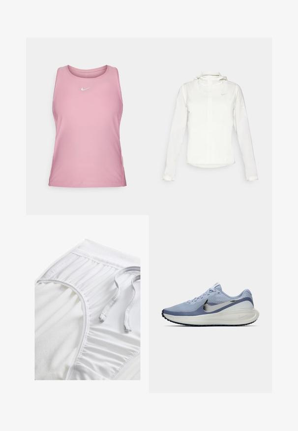 Chaqueta blanca de Nike con capucha, cremallera completa, puños elásticos y un logo sutil en el pecho. Textura suave y diseño ligero.; Nike Performance VICTORY TANK - Top - elemental pink/white; Pantalones cortos deportivos blancos con una cinta de cintura texturizada, detalles fruncidos en los laterales y un cordón plano. Tejido suave con un acabado liso.; Zapatilla de correr Nike en azul claro y blanco con swoosh plateado, parte superior de malla transpirable, suela acolchada y suela exterior negra.