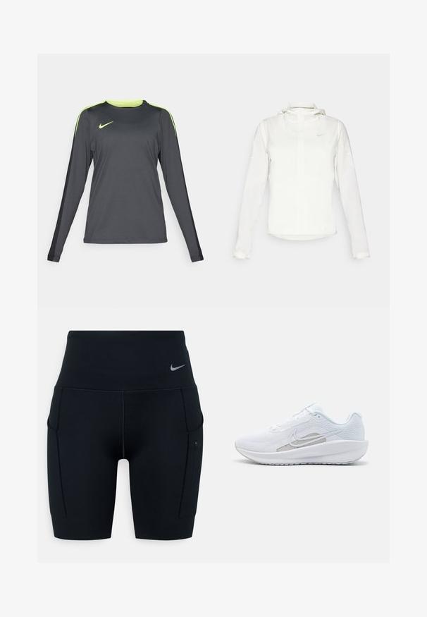 Weiße Nike-Jacke mit Kapuze, durchgehendem Reißverschluss, elastischen Bündchen und einem dezenten Logo auf der Brust. Glatte Textur und leichtes Design.; Langärmliges Sporthemd in Dunkelgrau mit neon grünen Akzenten auf den Schultern. Hergestellt aus leichtem, atmungsaktivem Stoff und mit Rundhals-Ausschnitt.; Schwarze hochtaillierte Sportshorts aus dehnbarem Material; verfügt über Seitentaschen und ein kleines Nike-Logo am Bund.; Weißer Sport Schuh mit Mesh-Obermaterial, abgerundeter Zehenpartie und strukturiertem Sohlenprofil. Mit einem silbernen Nike Swoosh und minimalistischem Design.