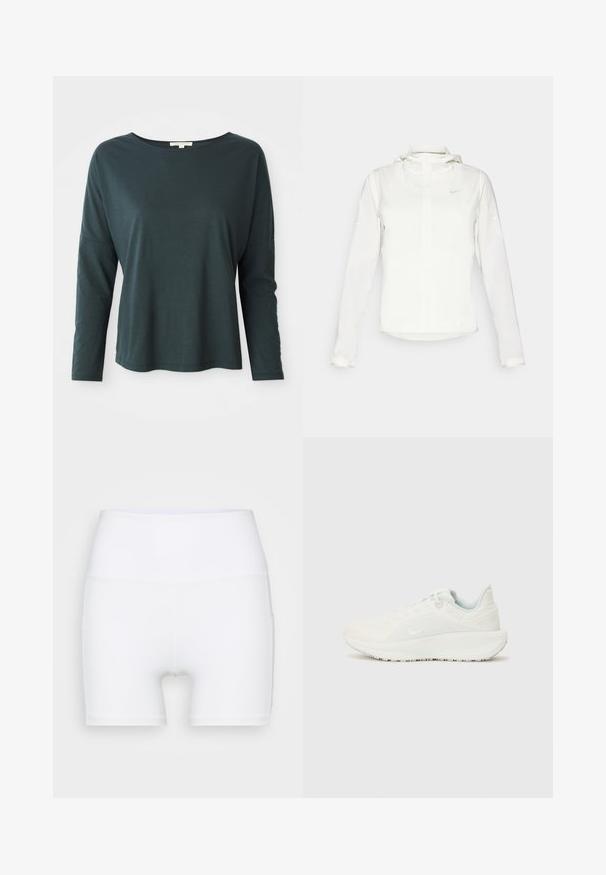 Vit Nike-jacka med huva, hel dragkedja, elastiska ärmslutar och en diskret logotyp på bröstet. Slät textur och lätt design.; Mörk teal långärmad avslappnad skjorta med båturringning på vit bakgrund, storlek liten, mjukt och lätt tyg.; Vita högmidjade shorts i stretchtyg. Har en jämn yta och en åtsittande design, utan ytterligare mönster eller detaljer.; Vitaidrottsskor i vitt med en texturerad ovandel, vadderat krage och snörning. Har en böjd yttersula och diskret logotyp på sidan.