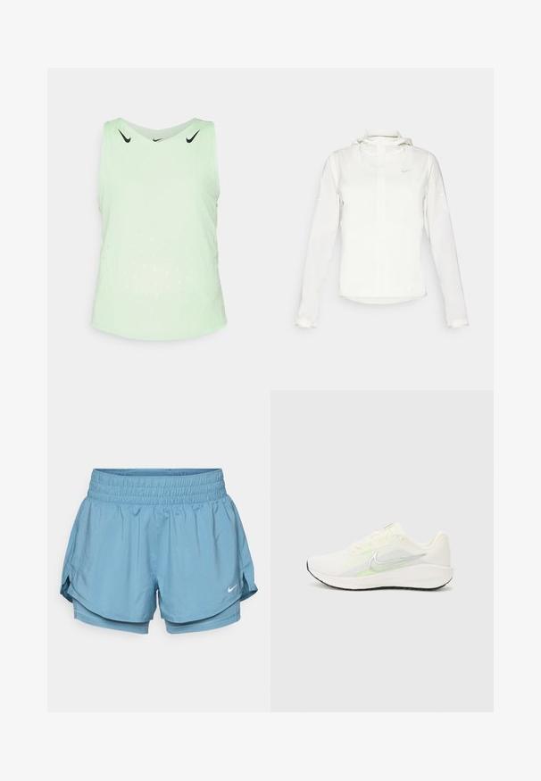 Fehér Nike dzseki kapucnival, teljes cipzárral, rugalmas mandzsettákkal és egy diszkrét logóval a mellkason. Sima textúrájú és könnyű kialakítású.; Világoszöld sportos ujjatlan felső, lélegző anyagból, kerek nyakkivágással és perforált mintákkal a szellőzés érdekében.; Világoskék sportnadrág széles elasztikus derékkal, belső béléssel és oldalsó hasítékokkal a szabad mozgás érdekében. Kis fehér logóval rendelkezik.; Nike Performance DOWNSHIFTER 13 - Utcai futócipők - sail/silver-coloured photon dust/summit white/barely volt/black