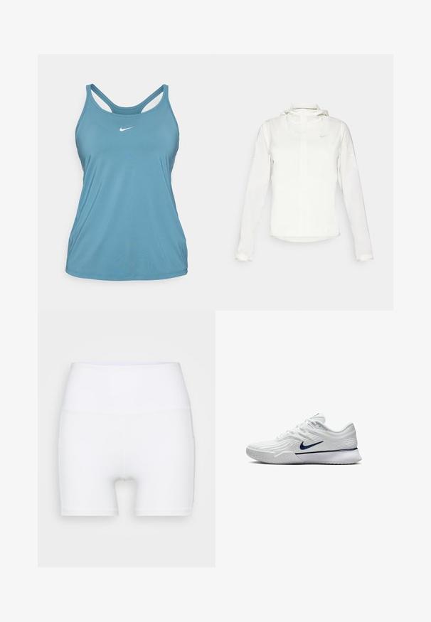 Witte Nike-jack met een capuchon, volledige rits, elastische manchetten en een subtiele logo op de borst. Gladde textuur en lichtgewicht ontwerp.; Lichtblauw sporttanktop gemaakt van synthetisch materiaal, met een ronde hals en racerback ontwerp, voorzien van een klein wit logo op de borst.; Witte hoge taille shorts van rekbare stof. Kenmerken een gladde textuur en een aansluitend ontwerp, zonder extra patronen of hardware.; Witte sportschoen met een gestructureerde mesh bovenkant, marineblauwe accenten en een gevoerde zool met een gemusterde grip. Veters geïntegreerd in het ontwerp.