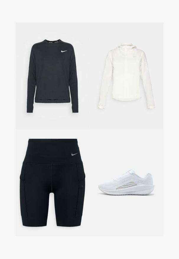 Bílá bunda Nike s kapucí, plným zipem, elastickými manžetami a decentním logem na hrudi. Hladká textura a lehký design.; Černá dlouhá tričko s dlouhým rukávem vyrobené z měkké tkaniny, s kulatým výstřihem a bílým logem Nike swoosh na hrudi. Hladká textura, uvolněný střih.; Černé sportovní šortky s vysokým pasem vyrobené z pružného materiálu; mají boční kapsy a malou Nike logo na pásku.; Bílé sportovní boty s síťovaným vrškem, zaoblenou špičkou a texturovanou podrážkou. Mají stříbrný logo Nike a minimalistický design.