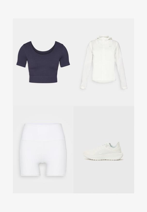 Hvit Nike-jakke med hette, hel glidelås, elastiske mansjetter og en diskret logo på brystet. Glatt tekstur og lett design.; Marineblå kuttet topp med korte ermer, laget av ribbestrikket stoff. Har en rund utrigning og en tettsittende design.; Hvite høyt midjeforfatne shorts laget av stretch-stoff. Har en jevn tekstur og en tettsittende design, uten ekstra mønstre eller utstyr.; Hvite sportsko med teksturert overdel, polstret krage og snøring. Har en buet såle og subtil merkevare på siden.