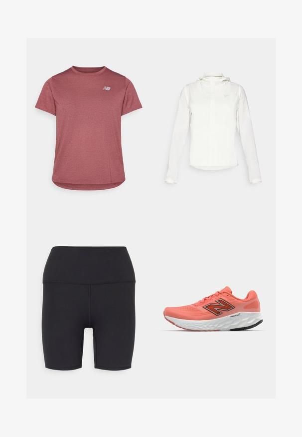 Valge Nike jakker, millel on kapuuts, täispikk tõmblukk, elastsed mansetid ja diskreetne logo rinnal. Sile tekstuur ja kerge disain.; Punane lühikeste varrukatega T-särk, mis on valmistatud hingavast kangast. Omab ümarat kaelaava ja logo vasakul ülaservas. Sile, kerge tekstuur.; Mustad mustad lühikesed püksid, mis on valmistatud venivast materjalist, omavad kõrget taljeosa, sileda tekstuuri ning ei sisalda nähtavaid mustreid ega metallosi.; Korallivärvi jooksuking, millel on võrkpealne osa, julge must logo, pehmendatud keeleosa ja tekstureeritud valge vahekiht. Omab paindlikku kummist tallat.