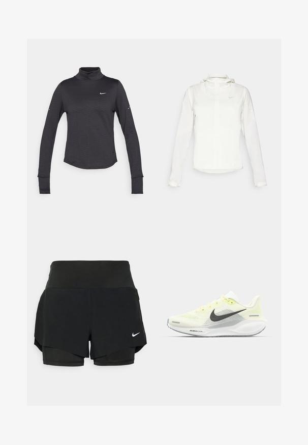 Giacca Nike bianca con cappuccio, zip completa, polsini elasticizzati e un logo discreto sul petto. Texture liscia e design leggero.; Maglietta nera a maniche lunghe con collo alto, caratterizzata da un sottile motivo testurizzato, con un piccolo logo Nike bianco sul petto e fori per il pollice nei polsini.; Pantaloni sportivi neri caratterizzati da un design a strati con un pantalone interno e una sovrapposizione esterna, realizzati in tessuto leggero e stretch.; Scarpe da corsa Nike con una tomaia in rete giallo chiaro e bianco, dettagli grigi e una suola in gomma flessibile. Presentano una chiusura con lacci.