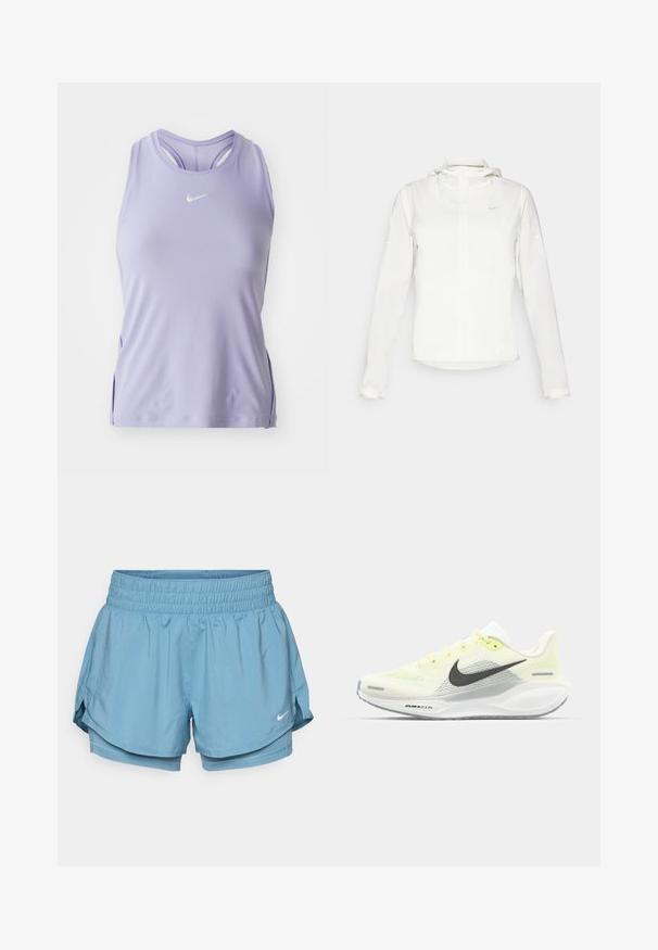 Valkoinen Nike-takki hupulla, täyspitkällä vetoketjulla, joustavilla hihansuilla ja hillityllä logolla rinnassa. Sujuva pinta ja kevyt muotoilu.; Vaaleanlila urheilullinen tank top, jossa on pyöreä kaula-aukko ja urheilullinen selkäosa. Sisältää pienen valkoisen logon rinnassa ja sivussa halkioita. Sileä kangas.; Vaaleansiniset urheilushortsit, joissa on leveä joustava vyötärö, sisävuori ja sivuhalkiot liikkumisen helpottamiseksi. Sisältää pienen valkoisen logon.; Nike juoksukengät, joissa on vaaleankeltainen ja valkoinen verkko-osa, harmaita yksityiskohtia ja joustava kumipohja. Varusteet nauhakiinnityksellä.