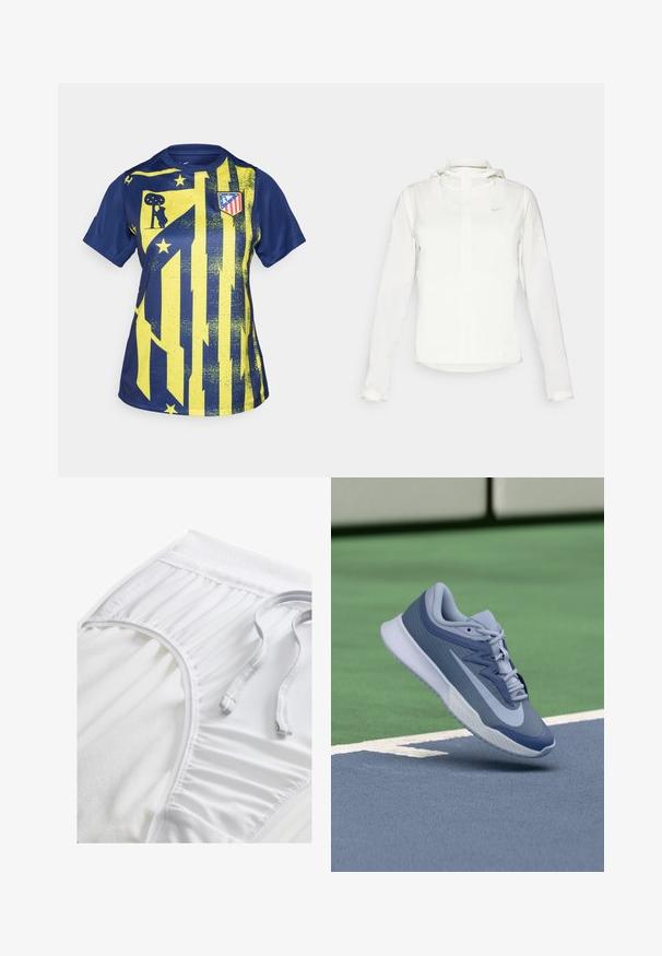Weiße Nike-Jacke mit Kapuze, durchgehendem Reißverschluss, elastischen Bündchen und einem dezenten Logo auf der Brust. Glatte Textur und leichtes Design.; Blaues und gelbes Sportshirt mit grafischem Design, das Streifen, Sterne und ein Vereinslogo zeigt. Hergestellt aus glattem, synthetischem Material.; Weiße Sportshorts mit einem strukturierten Taillenbund, gerafften Seitendetails und einem flachen Kordelzug. Weicher Stoff mit glatter Oberfläche.; Sportliche Sneaker in Hellblau und Marineblau, mit einer strukturierten Oberseite, flachen Schnürsenkeln und einer leichten weißen Sohle. Über einem Spielboden erhoben.