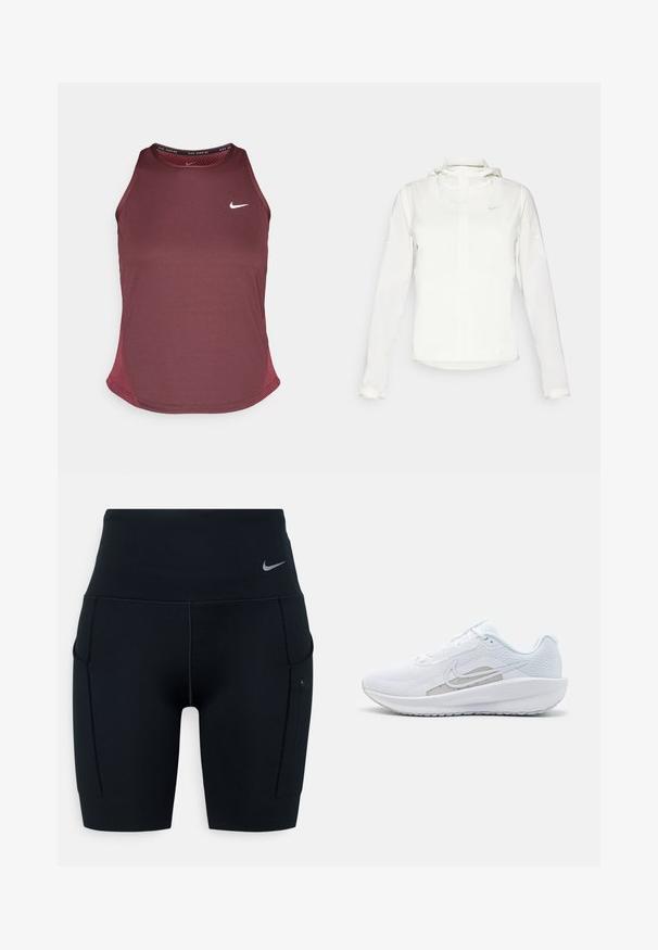 Vit Nike-jacka med huva, hel dragkedja, elastiska ärmslutar och en diskret logotyp på bröstet. Slät textur och lätt design.; Burgundy linne med rund hals, ärmlös design, andningsbara sidopaneler i nät och en liten vit Nike-logotyp på framsidan.; Svarta högmidjade träningsshorts gjorda av elastiskt material; har sidofickor och en liten Nike-logotyp på midjebandet.; Vit sportskor med övre del av mesh, rund tå och texturerad sula. Har en silverfärgad Nike swoosh och en minimalistisk design.