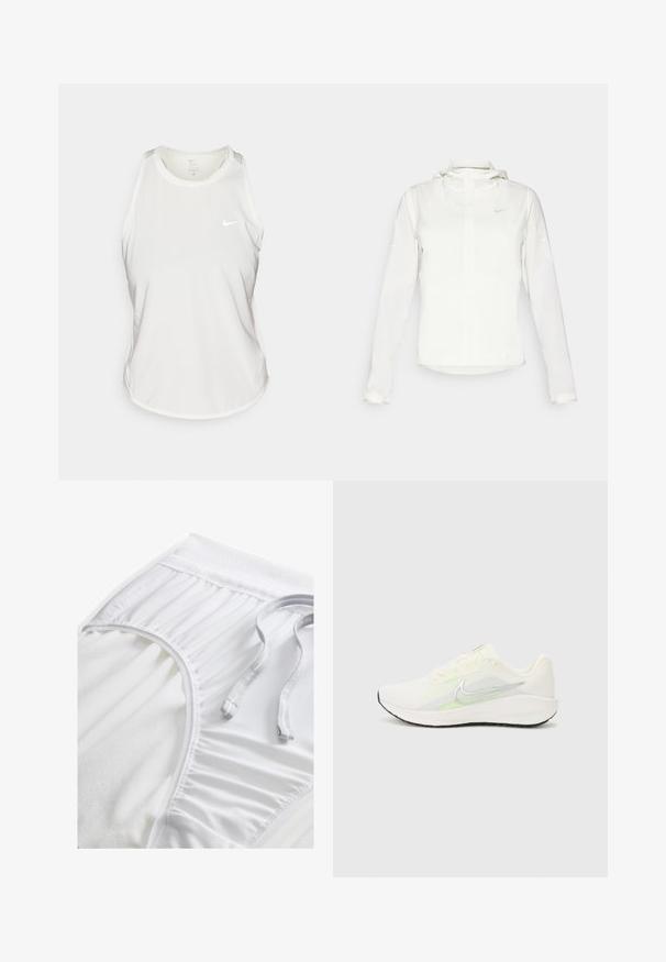 Bijela Nike jakna s kapuljačom, punim zatvaračem, elastičnim manžetama i suptilnim logotipom na prsima. Glatka textura i lagan dizajn.; Nike ženska majica bez rukava u bijeloj boji, izrađena od lagane tkanine, s okruglim izrezom, dizajnom s preklopom na leđima i reflektirajućim logotipom sprijeda.; Bijele atletske kratke hlače s teksturiranim pojasom, nabranim bočnim detaljima i ravnim vezicom. Mekani materijal s glatkom završnom obradom.; Nike Performance DOWNSHIFTER 13 - Tenisice za cestovno trčanje - sail/silver-coloured photon dust/summit white/barely volt/black