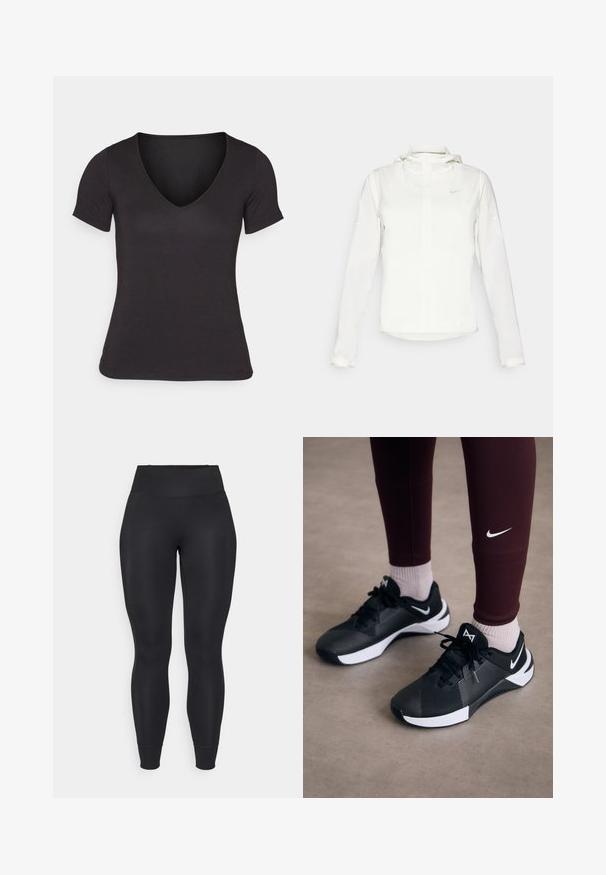 Balta Nike striukė su gobtuvu, pilnu užtrauktuku, elastingomis rankovėmis ir subtiliu logotipu ant krūtinės. Sklandi tekstūra ir lengvas dizainas.; Juoda trumpa palaidinė su V iškirpte, pagaminta iš lygaus audinio, su aptempusia siluetu ir švaria, be siūlių apatine dalimi.; Juodos tamprės, pagamintos iš elastingos medžiagos, su aukštu liemeniu, siaurėjančiomis kojomis ir užlenktais kraštais, turinčios lygią, matinę tekstūrą.; Juodos sportinės bateliai su tekstūruota viršutine dalimi ir baltais akcentais, su raišteliais ir šoniniu logotipu. Dėvimi su bordo spalvos leggingais ir šviesiomis kojinėmis.