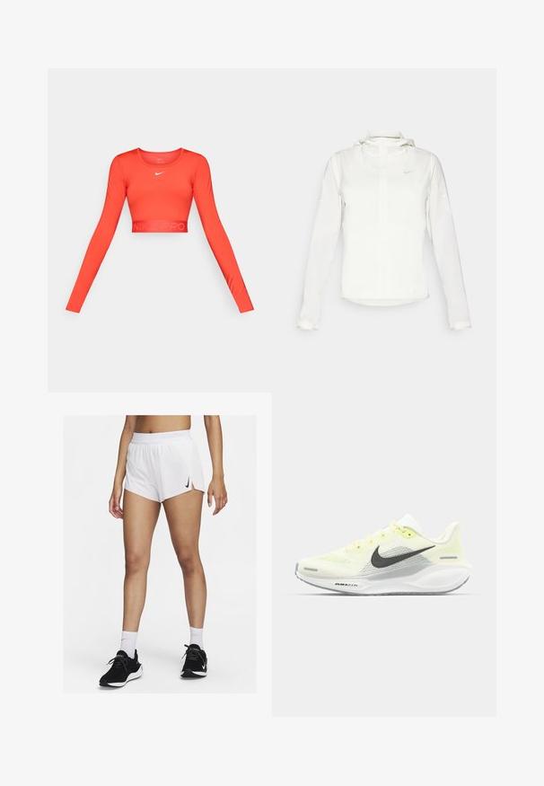 Biała kurtka Nike z kapturem, na zamek błyskawiczny, elastyczne mankiety i subtelne logo na piersi. Gładka tekstura i lekka konstrukcja.; Czerwona, długa, obcisła bluzka sportowa z krótkim rękawem, wykonana z elastycznego materiału, z okrągłym dekoltem i elastycznym wykończeniem z logo "NIKE PRO" w subtelnej wersji.; Białe sportowe szorty z prążkowanym pasem, bocznymi rozporkami i czarnym logo Nike. Noszone z czarnymi trampkami i białymi skarpetami za kostkę.; Biegi Nike z lekką żółtą i białą siateczką cholewy, szarymi akcentami i elastyczną gumową podeszwą. Posiada klasyczne sznurowanie.