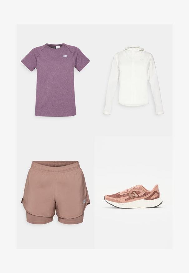 Bílá bunda Nike s kapucí, plným zipem, elastickými manžetami a decentním logem na hrudi. Hladká textura a lehký design.; New Balance SLIM - Sportovní tričko - plum brown heather; Svetle růžové sportovní šortky mají elastický pas, vrstvený design a reflexní logo na boku. Hladká tkanina.; Růžová běžecká obuv s prodyšnou vrchní částí, s texturovaným designem a hnědými akcenty. Lehká podrážka se značným odpružením.