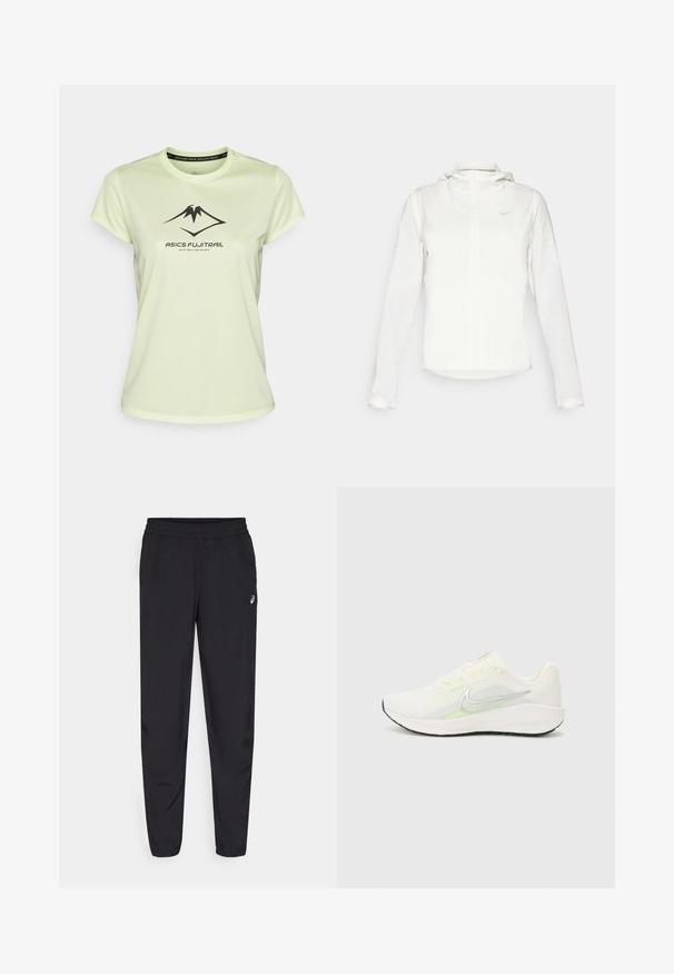 Weiße Nike-Jacke mit Kapuze, durchgehendem Reißverschluss, elastischen Bündchen und einem dezenten Logo auf der Brust. Glatte Textur und leichtes Design.; ASICS FUJITRAIL LOGO TOP - T-Shirt print - cool matcha; Schwarze Sporthosen mit einem elastischen Bund, schmal zulaufenden Beinen mit Bündchen, aus leichtem, glattem Material und einem kleinen Logo am Oberschenkel.; Nike Performance DOWNSHIFTER 13 - Laufschuh Straße - sail/silver-coloured photon dust/summit white/barely volt/black