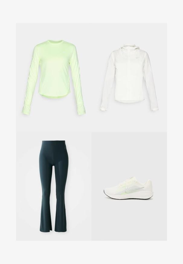 Giacca Nike bianca con cappuccio, zip completa, polsini elasticizzati e un logo discreto sul petto. Texture liscia e design leggero.; Maglietta atletica a maniche lunghe in tessuto giallo neon, con scollo rotondo, design aderente, con logo Nike bianco sul petto e dettagli riflettenti sulle maniche.; Leggings a campana di un verde scuro con un'alta vita, realizzati in tessuto elasticizzato. Presentano un delicato logo vicino alla vita. Texture morbida.; Nike Performance DOWNSHIFTER 13 - Scarpe da corsa su strada - sail/silver-coloured photon dust/summit white/barely volt/black