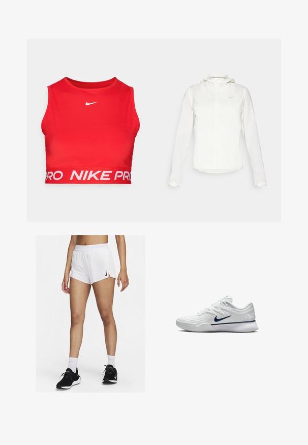 Witte Nike-jack met een capuchon, volledige rits, elastische manchetten en een subtiele logo op de borst. Gladde textuur en lichtgewicht ontwerp.; Rode Nike Pro sportcrop-top gemaakt van gladde, elastische stof. Heeft een witte logo op de borst en een brede, gebrandmerkte elastische band onderaan.; Witte sportshorts met een geribbelde tailleband, zijsplitten en een zwarte Nike-logo. Draag ze met zwarte sneakers en witte kousen tot aan de kuit.; Witte sportschoen met een gestructureerde mesh bovenkant, marineblauwe accenten en een gevoerde zool met een gemusterde grip. Veters geïntegreerd in het ontwerp.