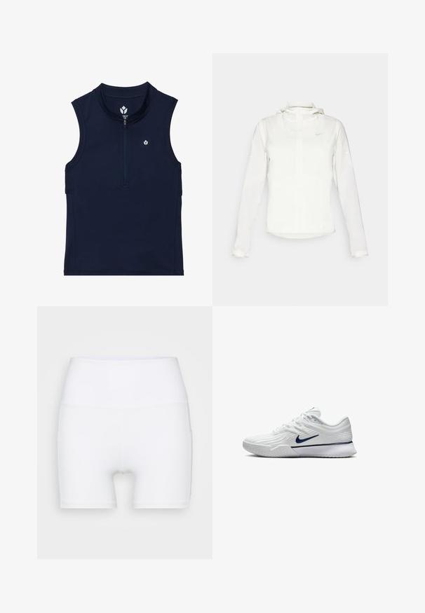 Witte Nike-jack met een capuchon, volledige rits, elastische manchetten en een subtiele logo op de borst. Gladde textuur en lichtgewicht ontwerp.; Marineblauw mouwloos sporttop gemaakt van rekbare stof, met een rits aan de voorkant, een ronde kraag en een klein logo op de borst.; Witte hoge taille shorts van rekbare stof. Kenmerken een gladde textuur en een aansluitend ontwerp, zonder extra patronen of hardware.; Witte sportschoen met een gestructureerde mesh bovenkant, marineblauwe accenten en een gevoerde zool met een gemusterde grip. Veters geïntegreerd in het ontwerp.