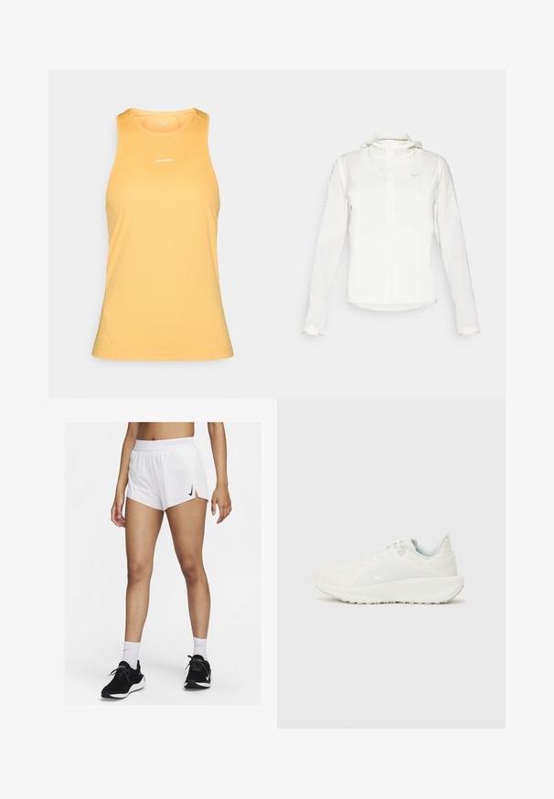 Witte Nike-jack met een capuchon, volledige rits, elastische manchetten en een subtiele logo op de borst. Gladde textuur en lichtgewicht ontwerp.; Geel mouwloos sporttanktop gemaakt van ademend materiaal, met een ronde halslijn en een klein logo aan de voorkant.; Witte sportshorts met een geribbelde tailleband, zijsplitten en een zwarte Nike-logo. Draag ze met zwarte sneakers en witte kousen tot aan de kuit.; Witte sportschoenen met een gestructureerde bovenkant, gevoerde kraag en vetersluiting. Voorzien van een gebogen buitenzool en subtiele branding aan de zijkant.
