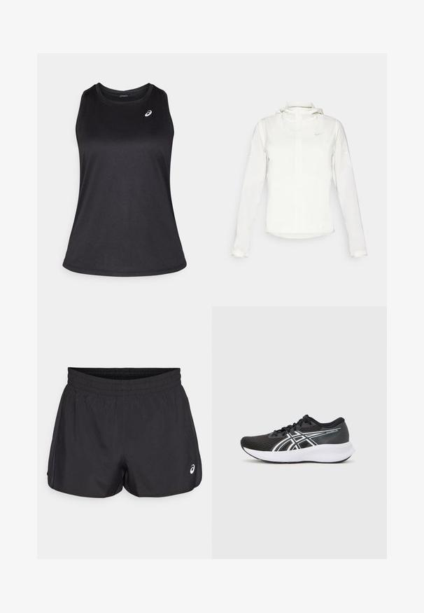 Veste blanche Nike avec capuche, fermeture éclair intégrale, poignets élastiques et un logo discret sur la poitrine. Texture lisse et design léger.; Débardeur de sport noir en tissu léger et respirant. Il présente un col rond et un logo subtil sur le côté supérieur gauche.; Shorts de sport noirs avec une taille élastique, texture lisse, ourlet arrondi et accents en mesh sur les côtés. Présente un petit logo à l'avant.; Baskets de sport noires avec une tige en maille texturée, accents blancs et une semelle blanche rembourrée. Présente un logo sur le côté et des lacets.