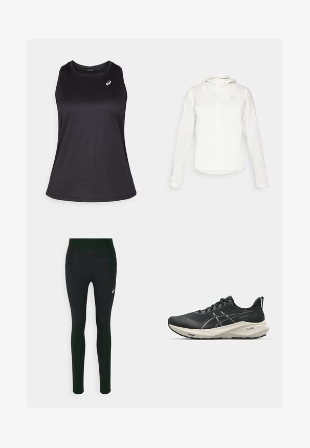 Weiße Nike-Jacke mit Kapuze, durchgehendem Reißverschluss, elastischen Bündchen und einem dezenten Logo auf der Brust. Glatte Textur und leichtes Design.; Schwarzes sportliches Tanktop aus leichtem, atmungsaktivem Material. Hat einen runden Ausschnitt und ein dezentes Logo auf der oberen linken Seite.; Schwarze Leggings mit hohem Taillendesign, die über eine glatte Textur und seitliche Taschen verfügen. Dezente reflektierende Akzente und ein Logo-Detail sind vorhanden.; Schwarzer Sportschuh mit einem schlanken Design, gekrümmter Sohle und einer strukturierten Oberseite mit kontrastierenden weißen Akzenten an der Seite.
